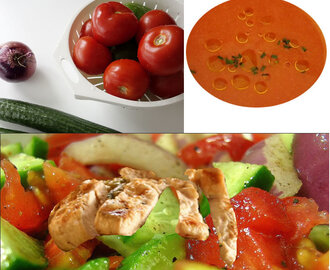 Recette de salade composée au poulet grillé, légumes d'été et son gaspacho (sans gluten)