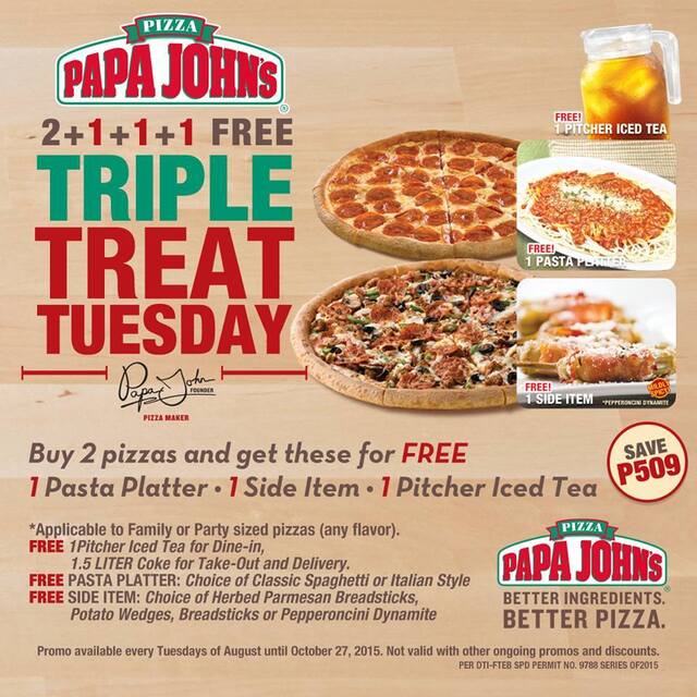 Papa John's Triple Treat Tuesday: Buy 2 Pizzas and Get Pasta, Sides, and Drinks for Free