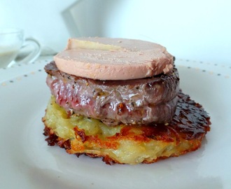 Tournedos de bœuf au foie gras sur galette de pommes de terre (Beef Tournedos with foie gras on potato pancake)