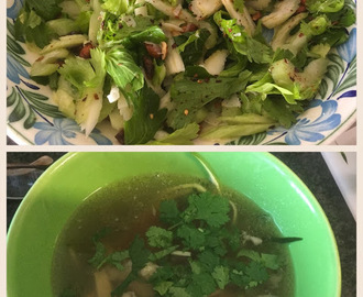 Celery Salad with Dates, Almonds and Shaved Parmesan - Followed by Gingery Chicken Soup over Zucchini Noodles