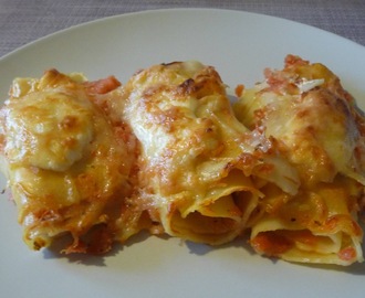 Lasagnes roulées au chorizo, chèvre et tomate