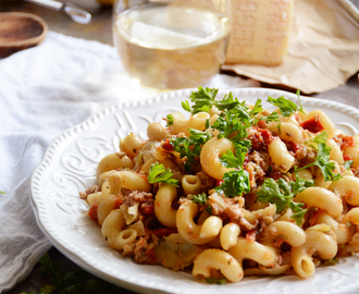 Weeknight Pantry Pasta with Crumbled Sausage, Sundried Tomatoes & Artichoke Hearts