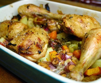 all in one - slow roast chicken thighs with plums, carrots, potatoes, garlic and celery