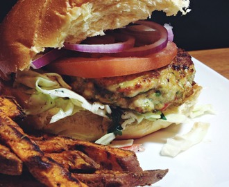 Greek Style Chicken Burgers with Fresh Slaw and Sweet Potato Fries