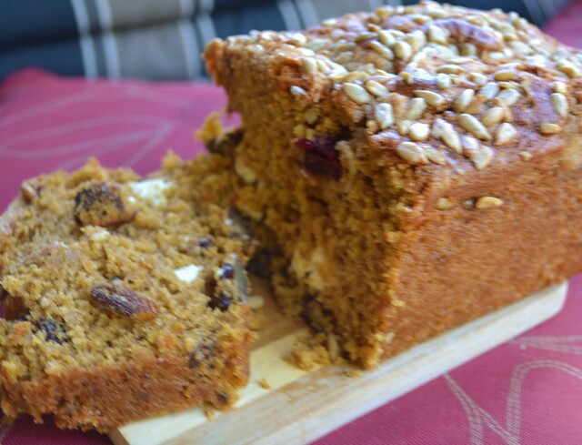 Ultimate, Moist Pumpkin Bread (with cherries, nuts, sunflower seeds and cream cheese)