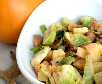 Brussels Sprouts and Sweet Potato Skillet with Bacon and Apples