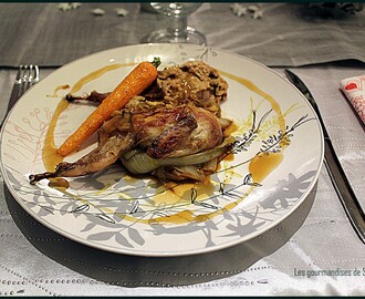 Cailles farcies au foie gras, sauce Teriyaki, chicons braisés, carottes confites