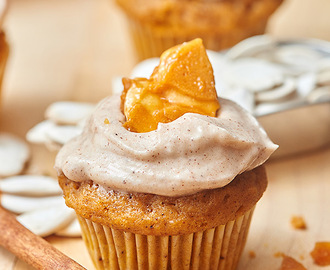 Pumpkin Cupcakes with Cinnamon Cream Cheese Frosting and Pumpkin Seed Brittle