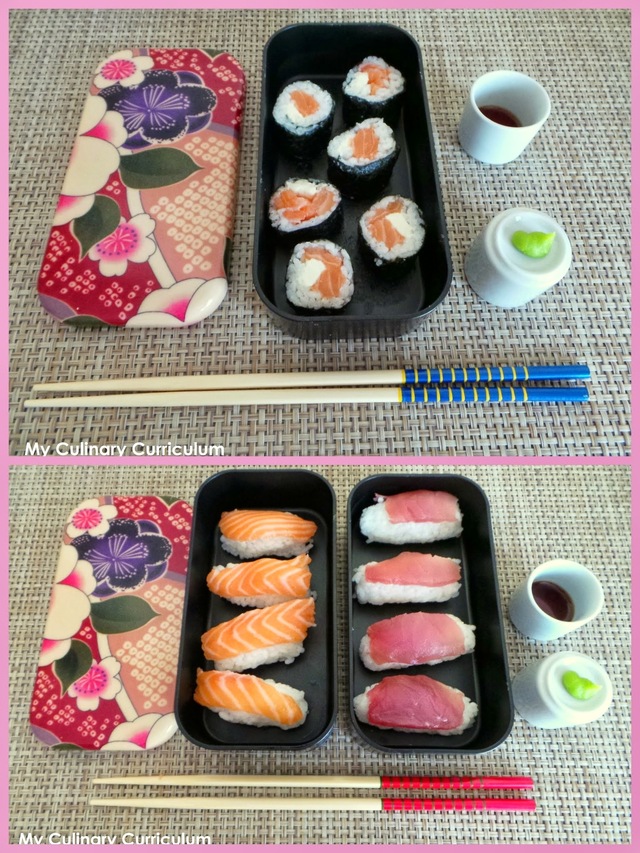 Sushis et makis au saumon et au thon (Sushi and maki with salmon and tuna)