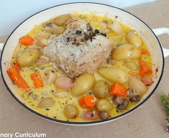 Rôti de porc au thym frais, miel et petits légumes (Roast pork with fresh thyme, honey and vegetables)
