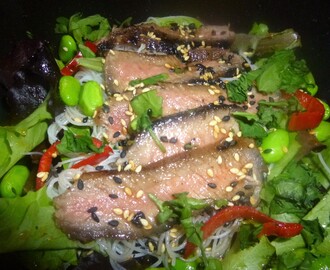 Marinated Steak on a Soya Bean and Rice Noodle Salad with Mirin and Pomegranate Dressing Recipe