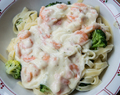 Gluten Free Tagliatelle with shrimp, broccoli and a creamy sauce