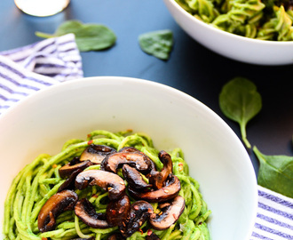 Lean Green Avocado-Spinach Pesto Pasta with Sautéed Mushrooms (vegan, gf)