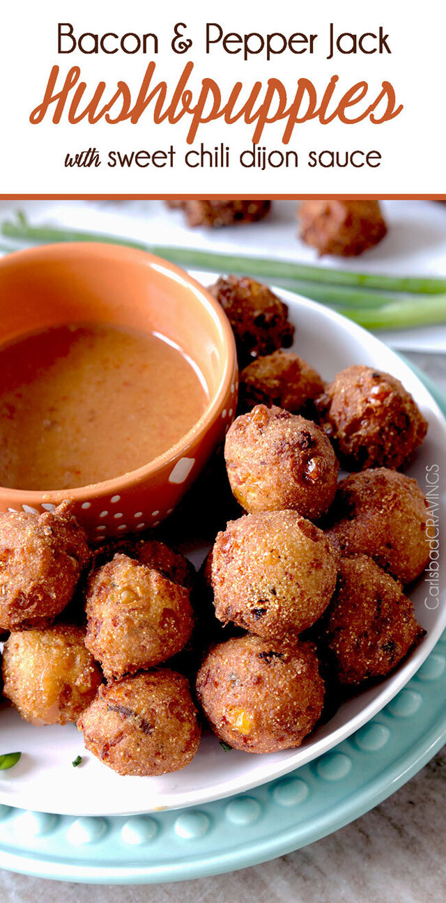 Bacon Pepper Jack Hushpuppies with Sweet Chili Dijon Dip (& 22 Other Game Day Recipes & Ideas)
