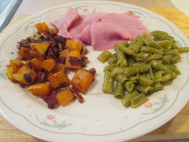 Baked Glazed Ham w/ Mashed Potatoes, Green Beans,Maple Bacon Pecan Roasted Butternut Squash, and Baked Crescent Rolls