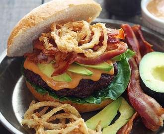 Western Bacon Burgers with BBQ Mayo and Crispy Onion Strings