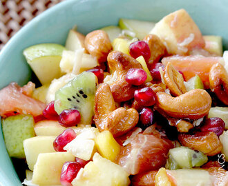 Tropical Winter Fruit Salad with Caramelized Cashews and Pomegranate Vinaigrette