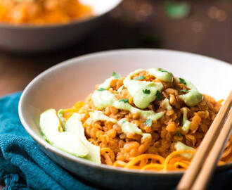 Vegetarian Red Lentil Curry and Sweet Potato Noodle Bowls {Vegan, GF + Super Simple}