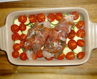 Proscioutto Wrapped Pesto Chicken with Courgettes and Tomatoes Recipe