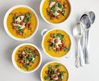 Spiced Carrot Soup With Roasted Chickpeas and Tahini