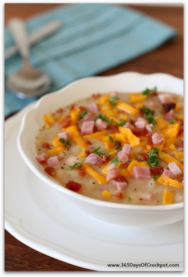 Slow Cooker White Bean Soup with Ham, Bacon and Cheddar (naturally gluten free)