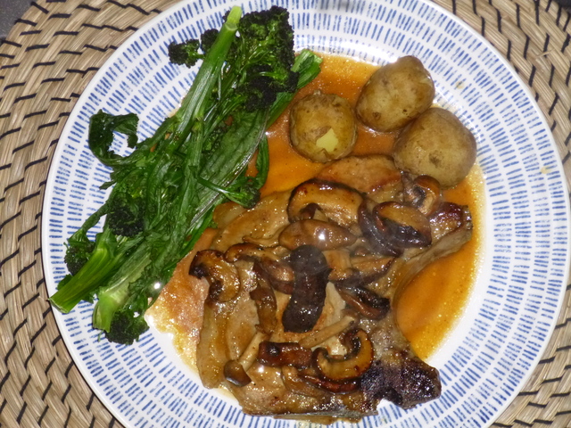 Pork Chops in a Mushroom, Honey and Mustard Sauce with Tenderstem Broccoli and Jersey Royals Recipe