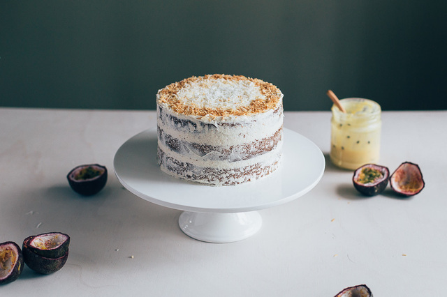 Naked Coconut Layer Cake with Passion Fruit Curd