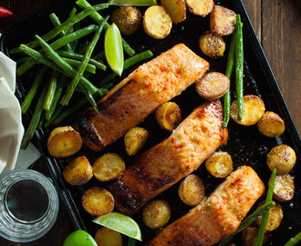 Oven Baked Honey Chili Lime Salmon with Potatoes and Beans (One Tray Meal)