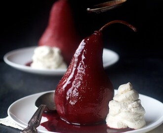 Spiced Red Wine Poached Pears with Vanilla Mascarpone Whipped Cream