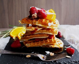 Vegan Gluten Free Waffles with Maple Syrup, Raspberries and Coconut