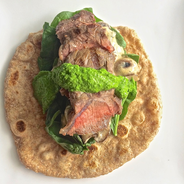 Grilled Steak Soft Tacos with Creamy Lovage Mushroom Sauce and Broccoli Grüne Soße