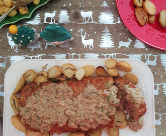 Beef and pork roll stuffed with prosciutto and spinach with mushroom gravy