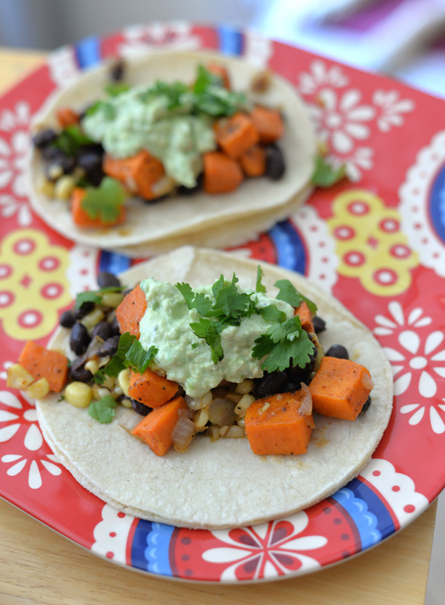 Vegetarian Dinner Ideas – Black Bean and Caramelized Sweet Potato Tacos with Blistered Corn and Avocado-Lime Crema  #SummerIsSocial