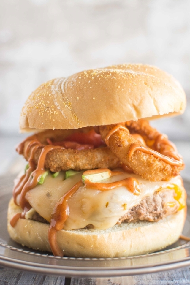 Turkey Burgers with Onion Rings and Campfire Sauce