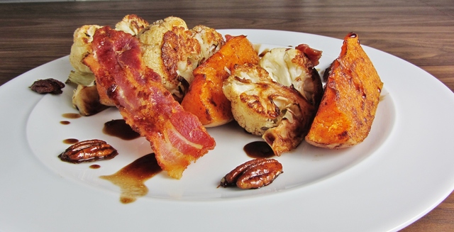 Roast Cauliflower and Butternut Squash Salad with Bacon and Spiced Caramelised Pecans