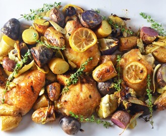 Lemon Roasted Chicken with Artichokes, Fennel, and Potatoes