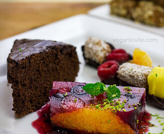 Vegan Dessert Platter with Fruit Terrine, Fruit & Date Rolls Kabobs/Skewers and Chocolate Pumpkin Cake