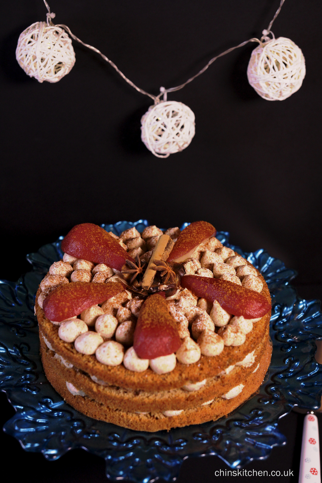 Cinnamon and chestnut layered cake with mulled wine poached pears