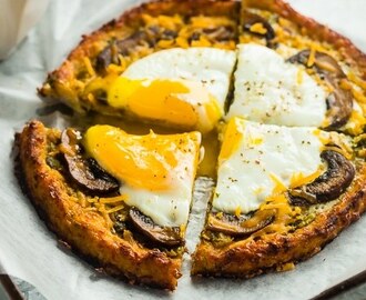 Breakfast Cauliflower Pizza with Eggs and Leek Bacon Pesto {Gluten Free/Grain Free + High protein + Low Carb]