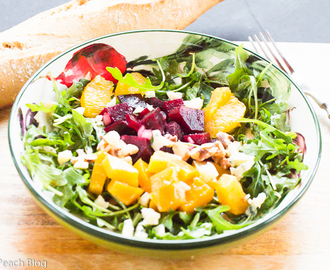 Arugula, Beets, Goat Cheese Salad, my ‘Eating Words Philly’ non-fat Orange Dressing