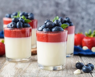 #SundaySupper Red, White, and Blue: Strawberry and White Chocolate Panna Cotta
