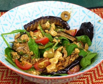 Roasted Eggplant/Aubergine and Spinach Salad with a Feta, Olive, Lemon and Herb Dressing Recipe