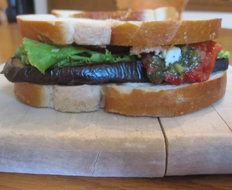 Grilled Eggplant and Roasted Red Pepper Sandwich with Herbed Goat Cheese