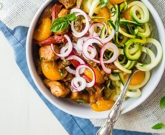 Healthy Chicken Stir Fry with Dijon Orange Almond Sauce and Zucchini Noodles {Whole30 Option + Super Simple}