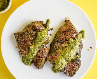 Grilled Steak with Carrot Top Chimichurri Sauce