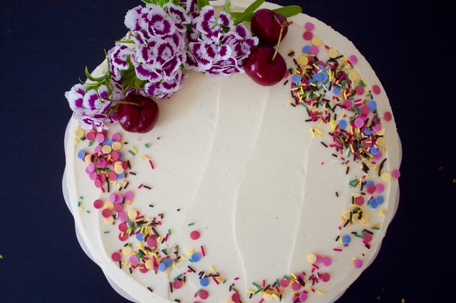 Vegan Cherry Birthday Cake with White Chocolate Frosting