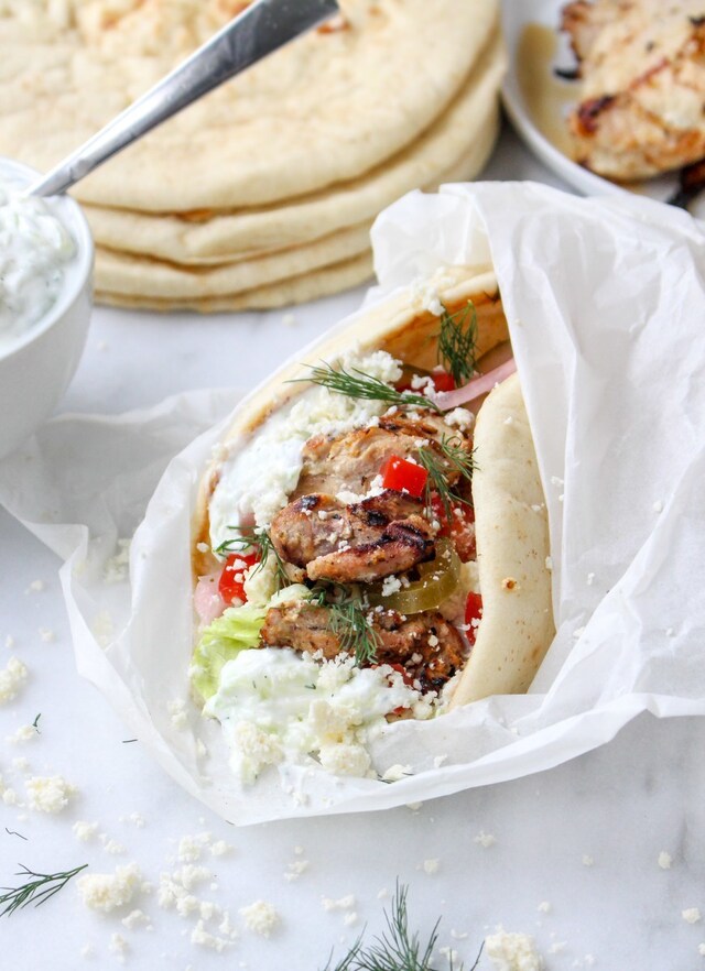 Greek Chicken Gyros with Tzatziki & Pickled Vegetables