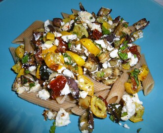 Roasted Garden Vegetables with Whole Wheat Pasta, Goats Cheese and a Lemon and Balsamic Dressing Recipe