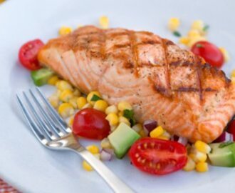 Grilled Salmon with Sweet Corn, Avacado, and Cherry Tomato Salad
