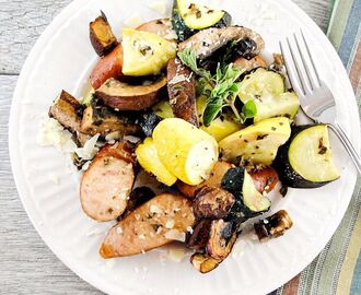Turkey Kielbasa with Roasted Zucchini, Summer Squash and Portobello Mushrooms